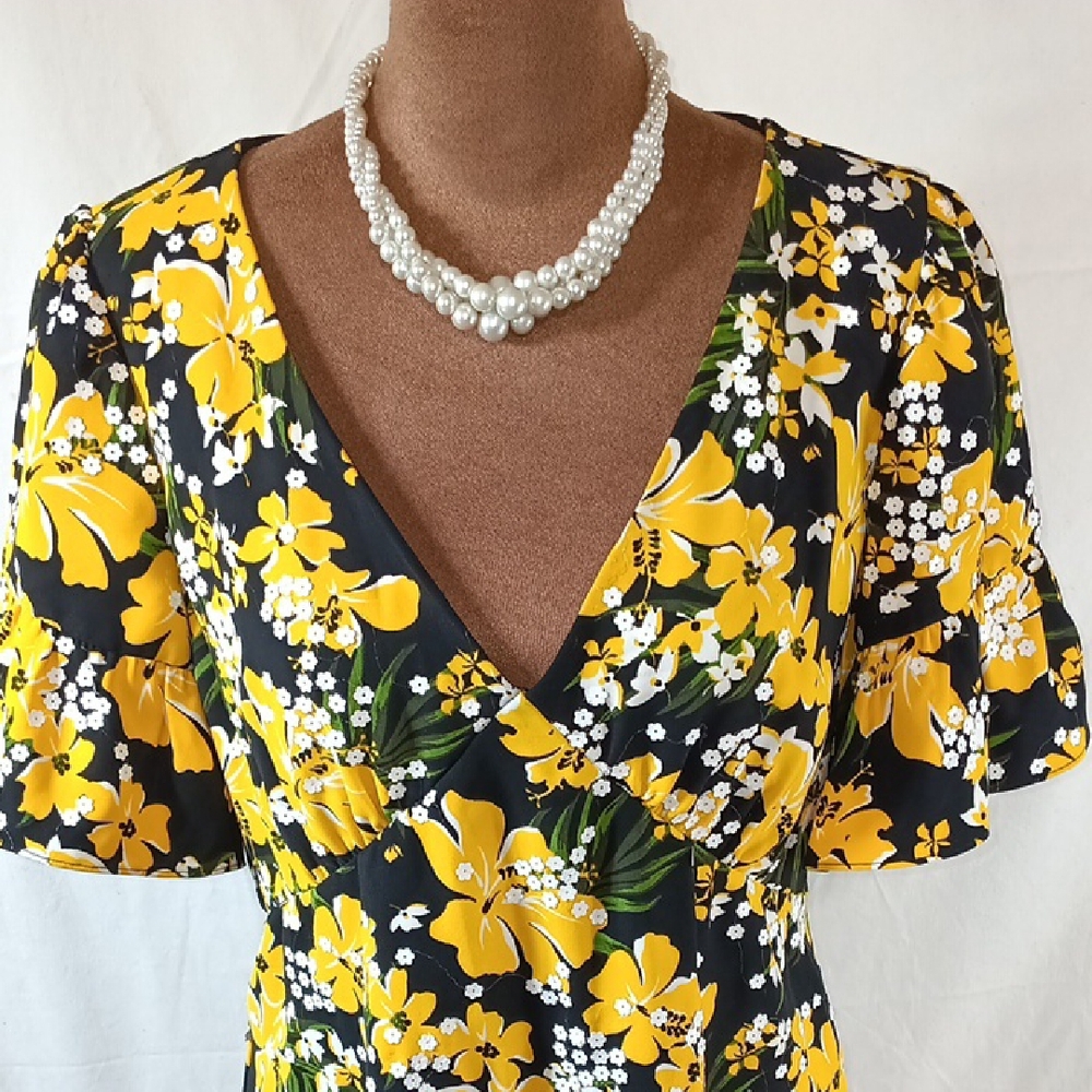 Michael Kors Yellow Floral Midi Dress | V-Neck | Medium